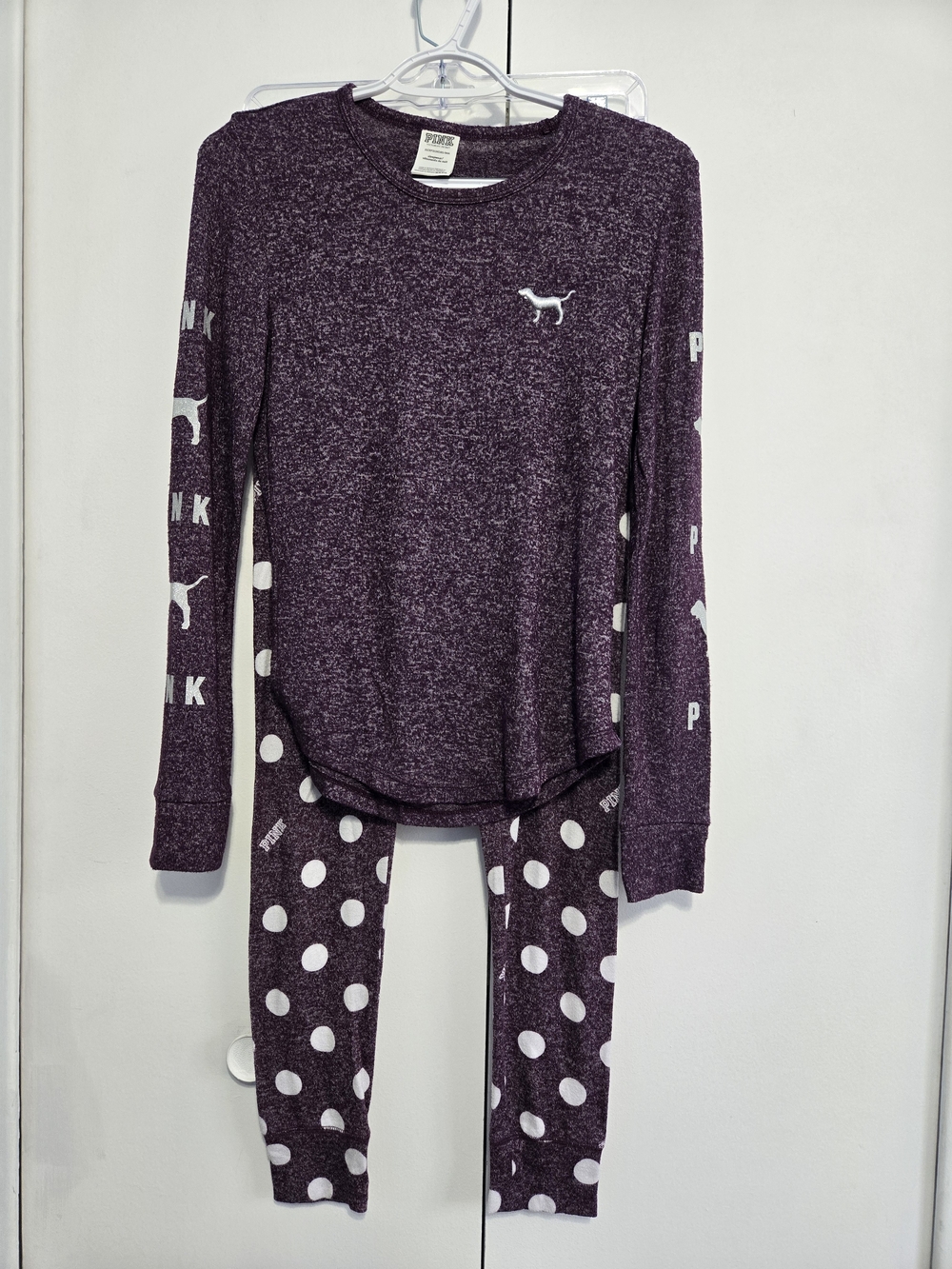 PINK Victoria's Secret Dog Logo Pajama Set XS Purple Polka Dot Sleepwear